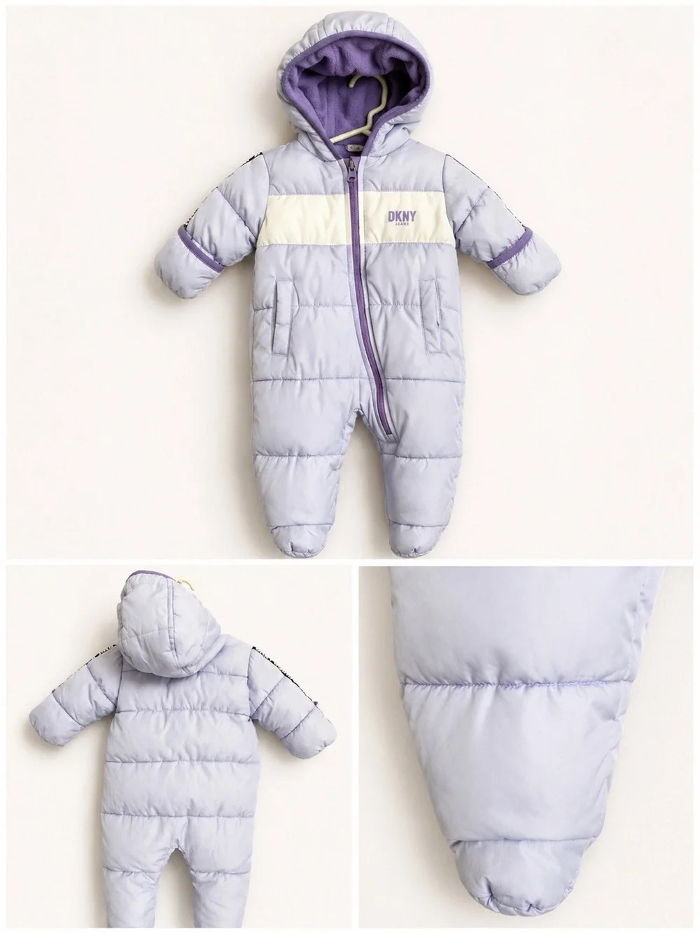DKNY Lilac and White Baby Puffer Bunting with Hood